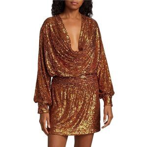 NEW Rasario Draped Orange Sequin Long Sleeve Mini Cocktail Dress Size 4  IT 40
